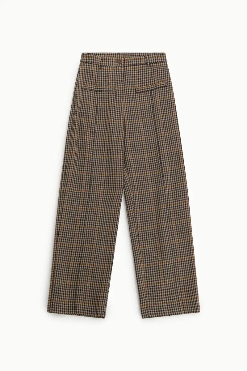 Pantaloni palazzo a vita alta fantasia micro-check Cammello