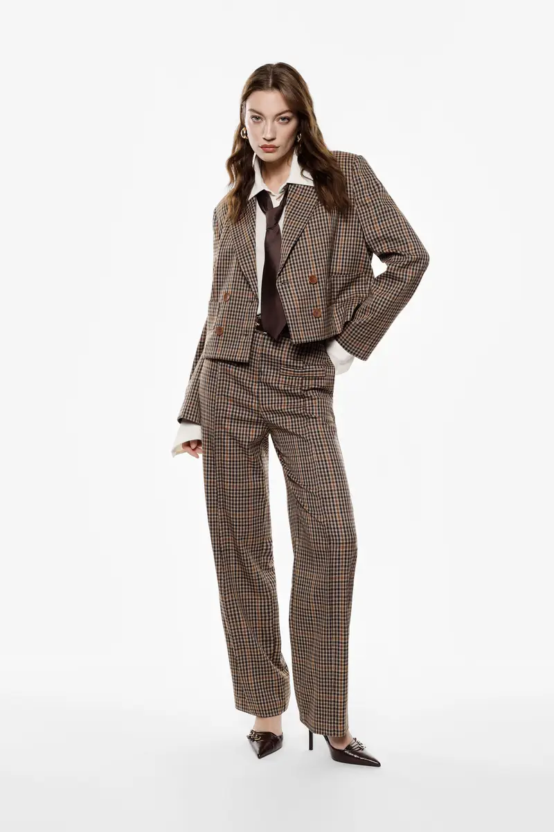 Pantaloni palazzo a vita alta fantasia micro-check Cammello miniatura 2