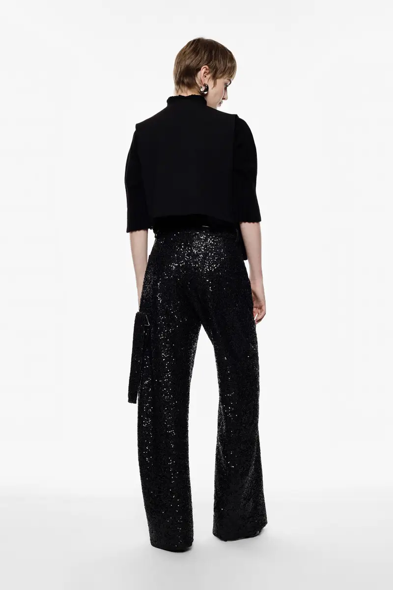 Pantaloni palazzo ampi con paillettes e cintura Nero miniatura 3
