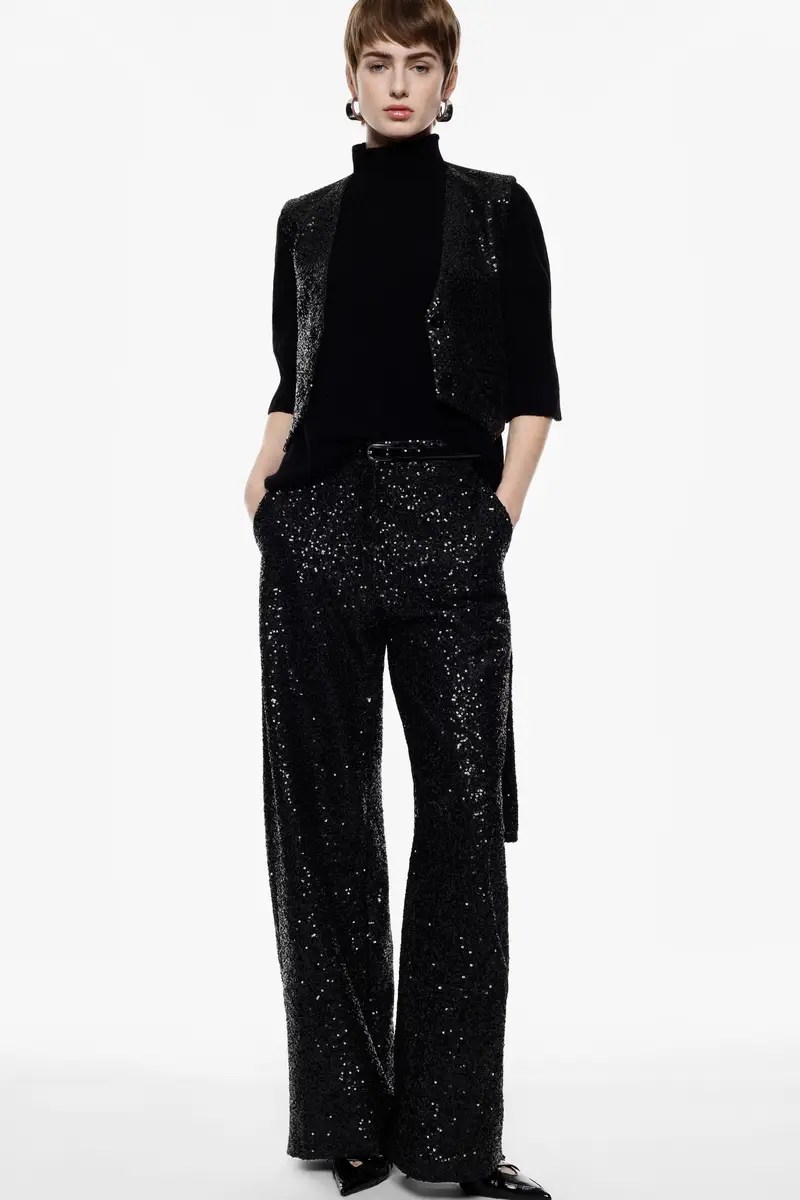 Pantaloni palazzo ampi con paillettes e cintura Nero miniatura 4