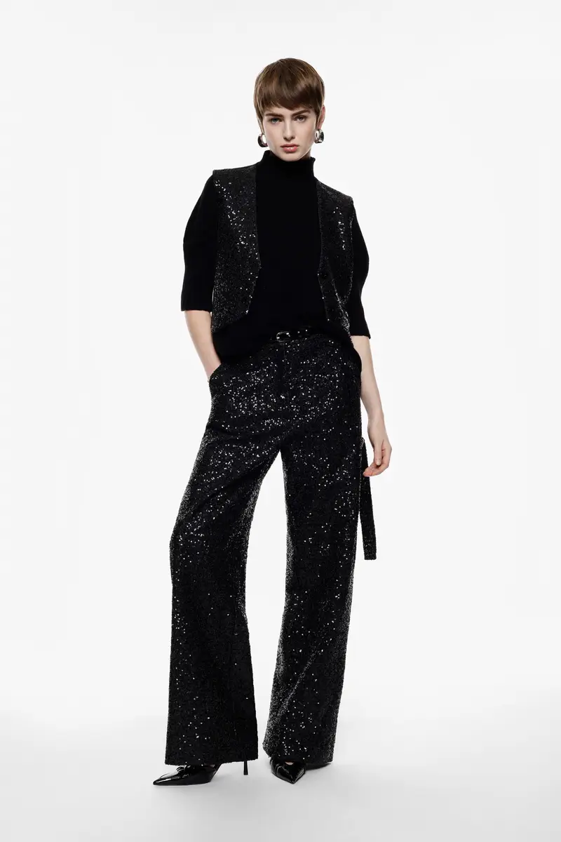 Pantaloni palazzo ampi con paillettes Nero miniatura 2