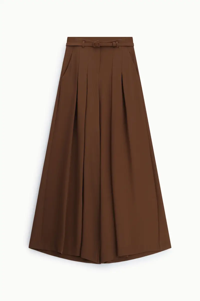 Pantaloni palazzo ampi vita alta con cintura Cacao