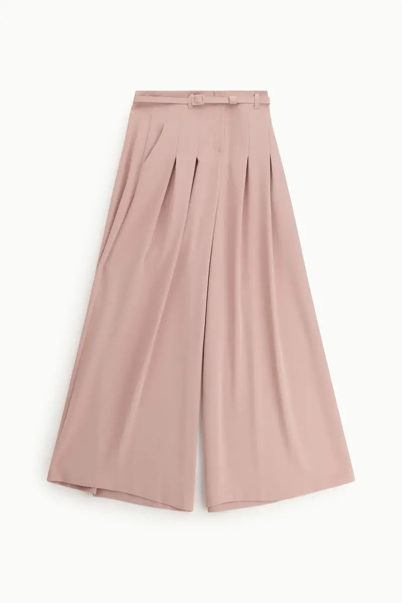 Pantaloni palazzo ampi vita alta con cintura Cipria