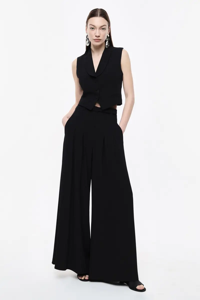 Pantaloni palazzo ampi vita alta con cintura Nero miniatura 2