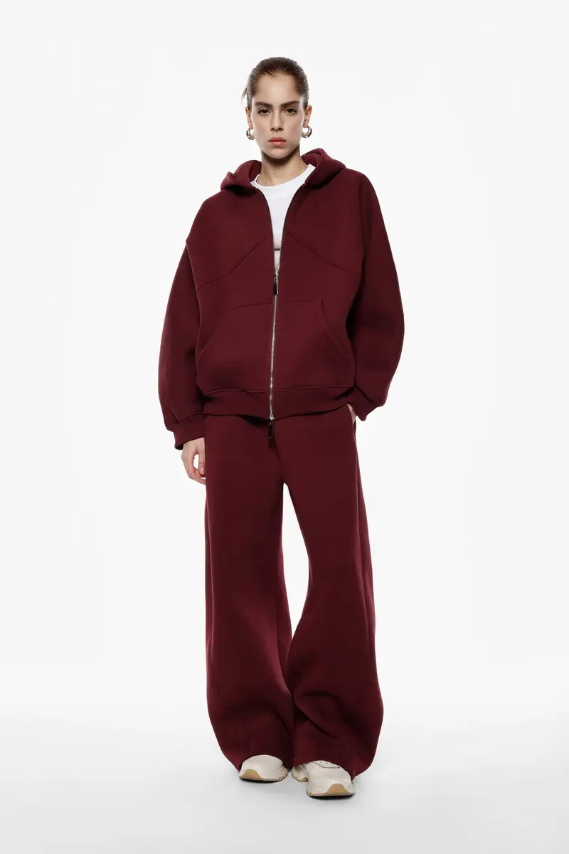 Pantaloni palazzo ampi vita alta con coulisse Prugna miniatura 2