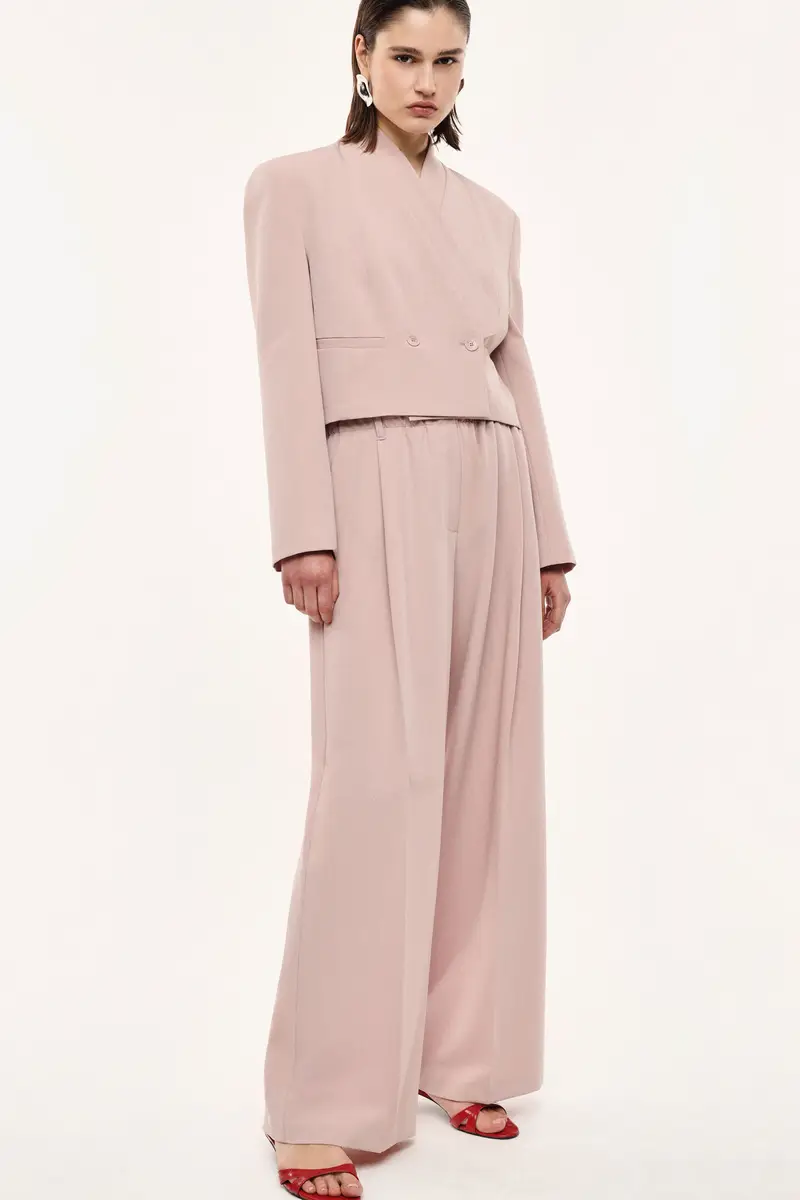 Pantaloni palazzo ampi vita alta con pinces Cipria miniatura 2