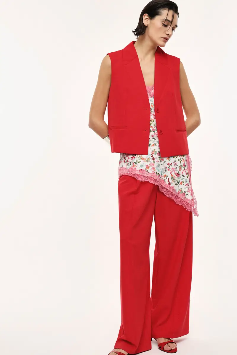 Pantaloni palazzo ampi vita alta con pinces Rosso miniatura 2