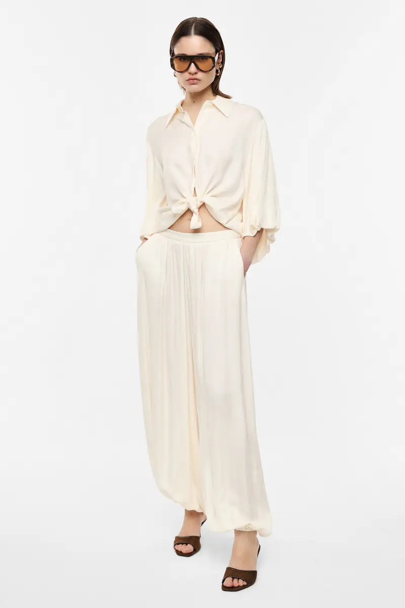 Pantaloni palazzo ampi vita alta fondo arricciato Panna miniatura 2