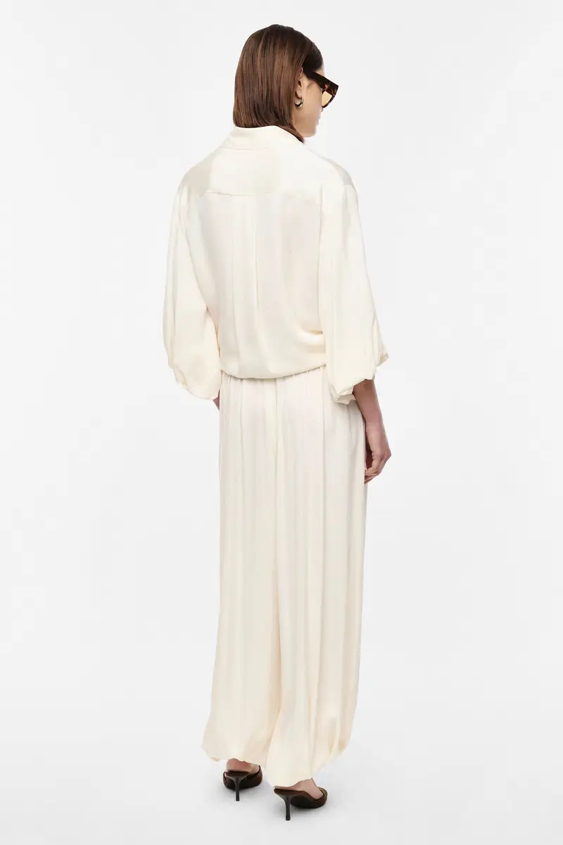 Pantaloni palazzo ampi vita alta fondo arricciato Panna miniatura 3