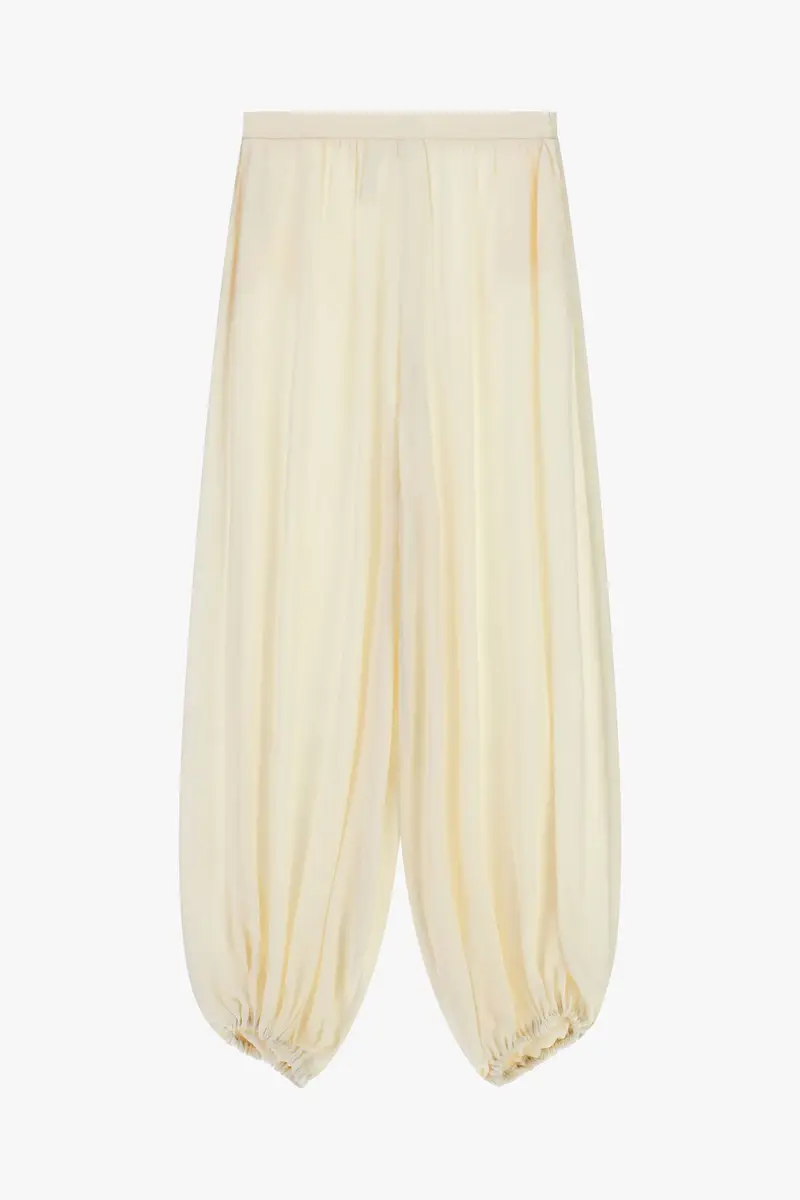 Pantaloni palazzo ampi vita alta fondo arricciato Panna