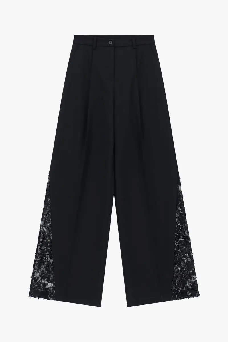 Pantaloni palazzo con dettagli in paillettes laterali Nero