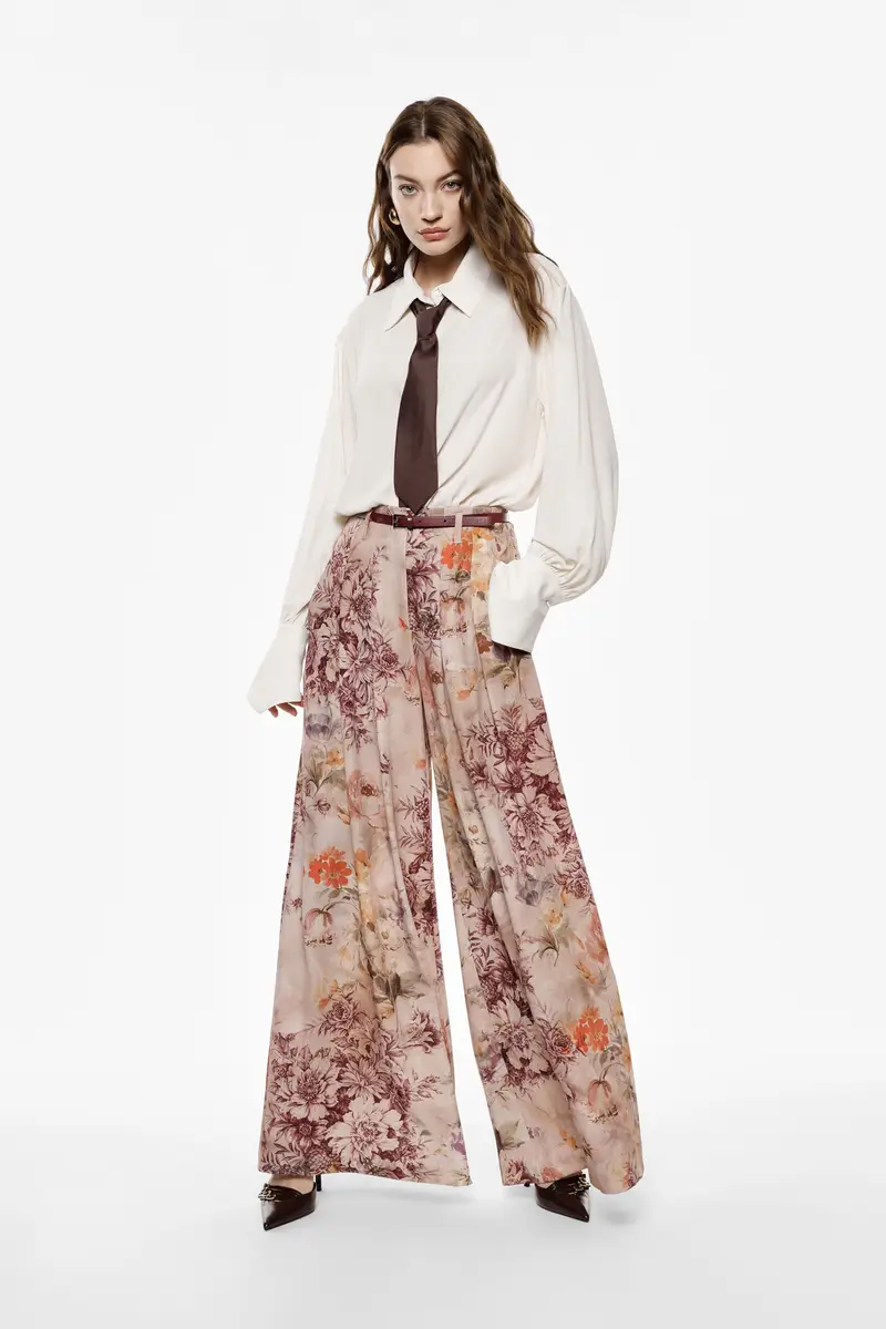 Pantaloni palazzo fantasia floreale vita alta Cipria miniatura 2