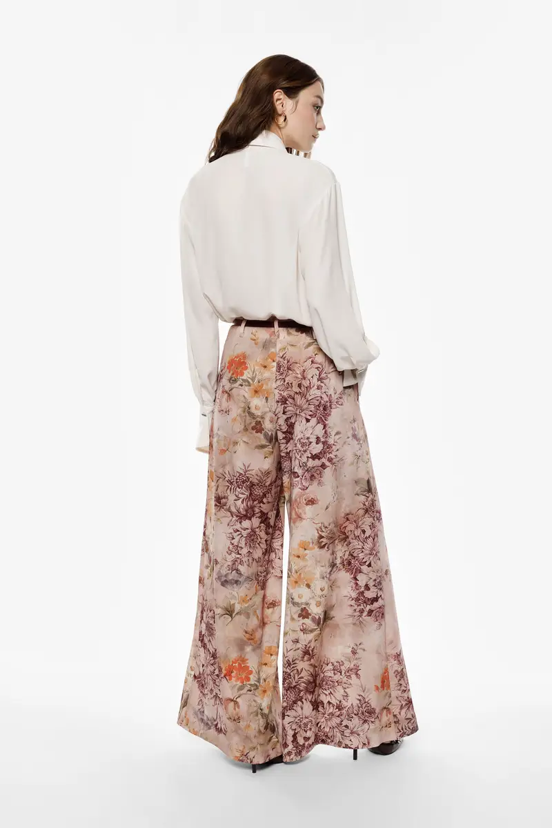Pantaloni palazzo fantasia floreale vita alta Cipria miniatura 3