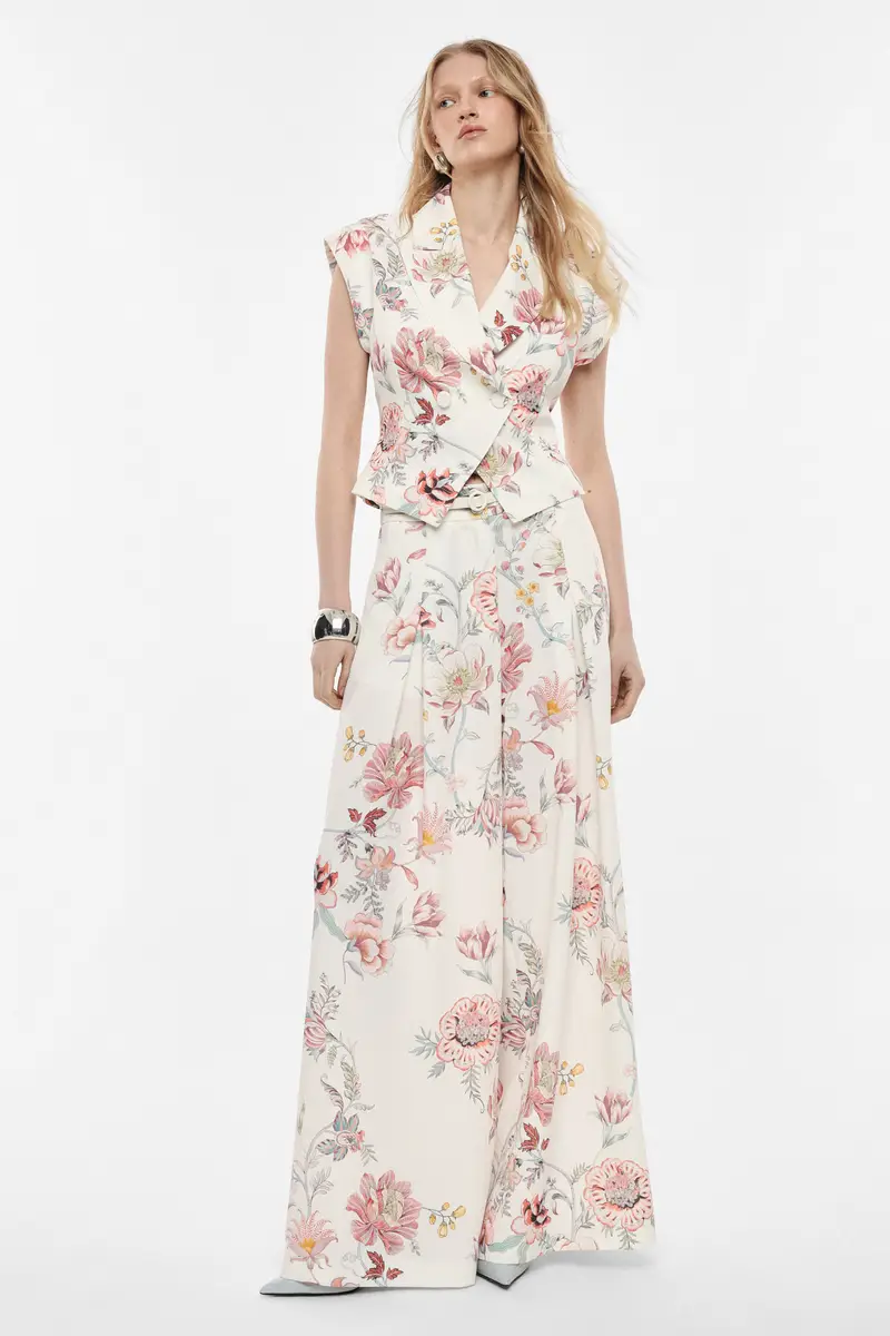 Pantaloni palazzo fantasia floreale vita alta Panna miniatura 2