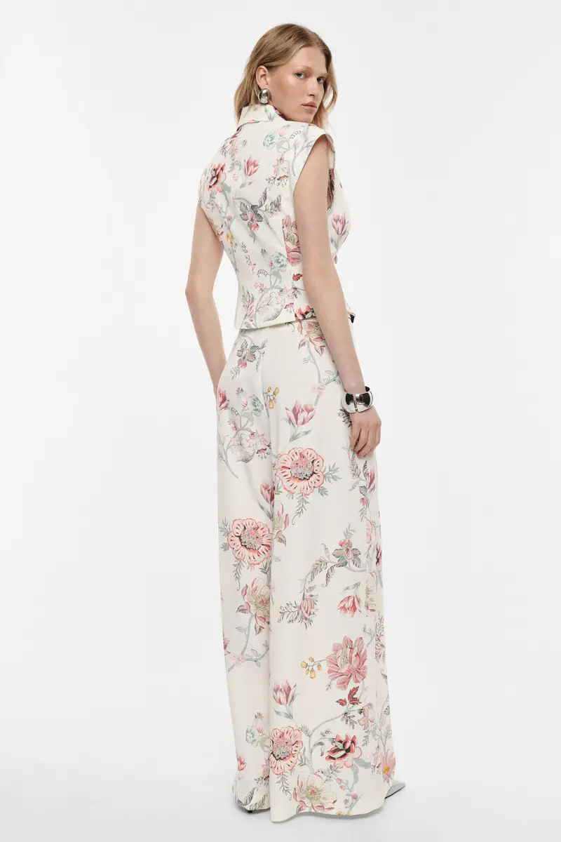 Pantaloni palazzo fantasia floreale vita alta Panna miniatura 3