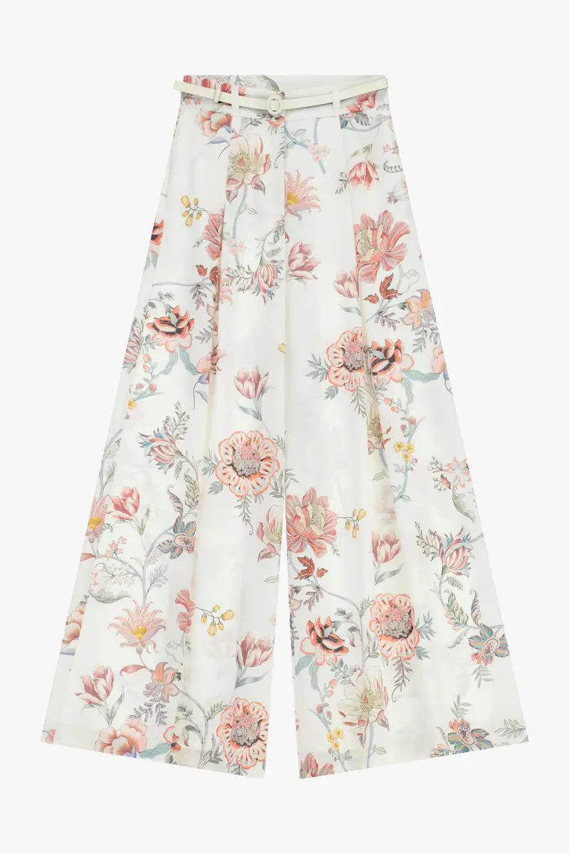 Pantaloni palazzo fantasia floreale vita alta Panna