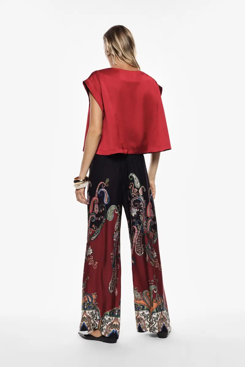 Pantaloni palazzo fantasia paisley vita alta Nero miniatura 3