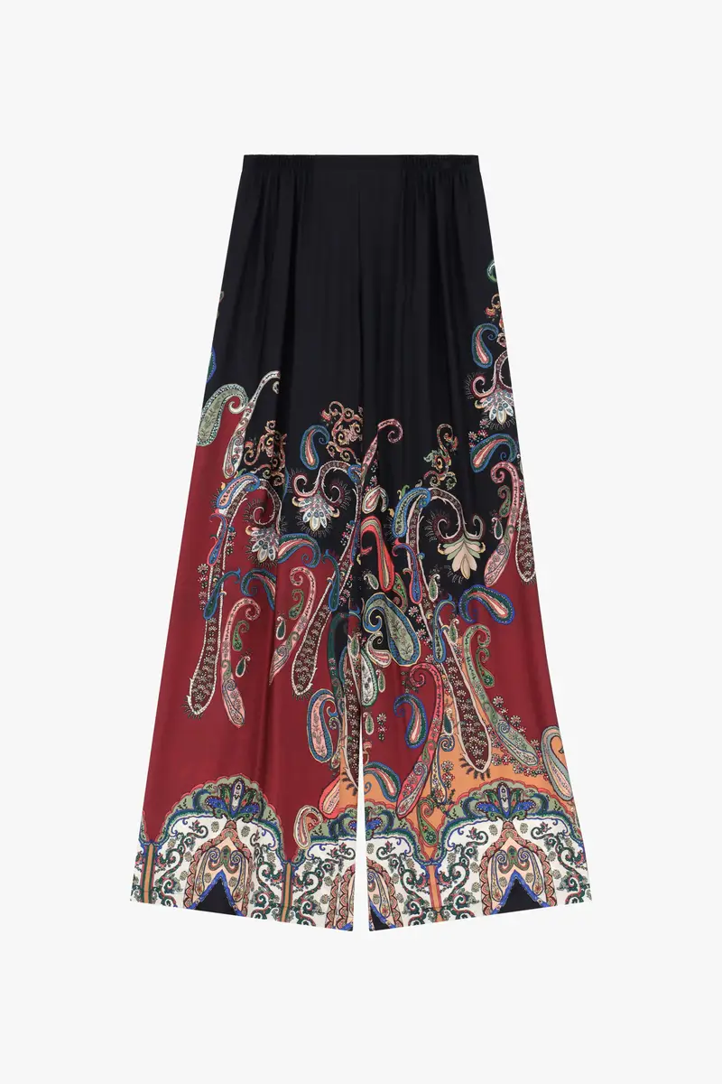 Pantaloni palazzo fantasia paisley vita alta Nero