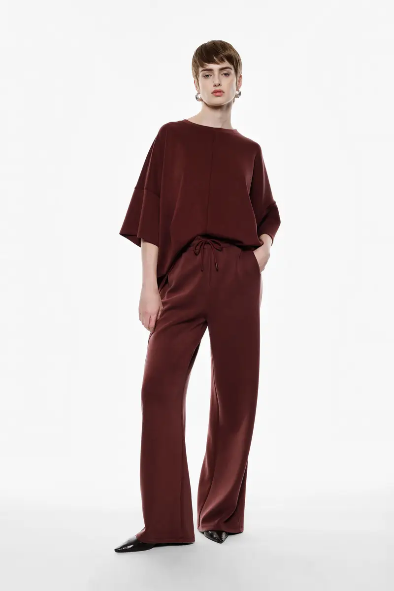 Pantaloni palazzo fit ampio con coulisse Bordeaux miniatura 2