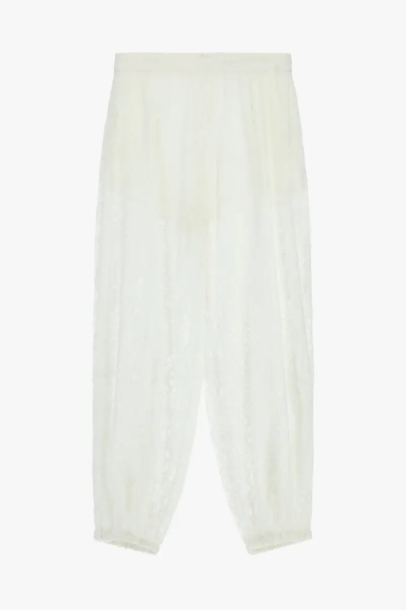 Pantaloni palazzo in pizzo con fondo elasticizzato Latte