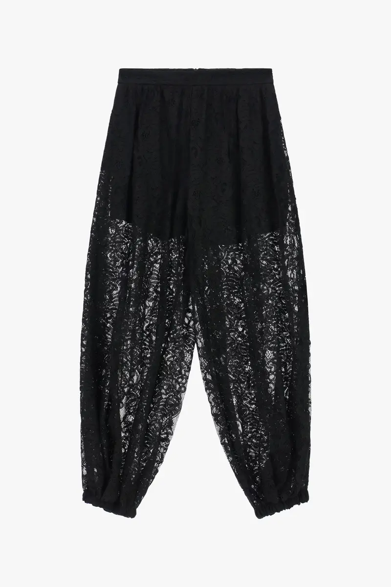 Pantaloni palazzo in pizzo con fondo elasticizzato Nero