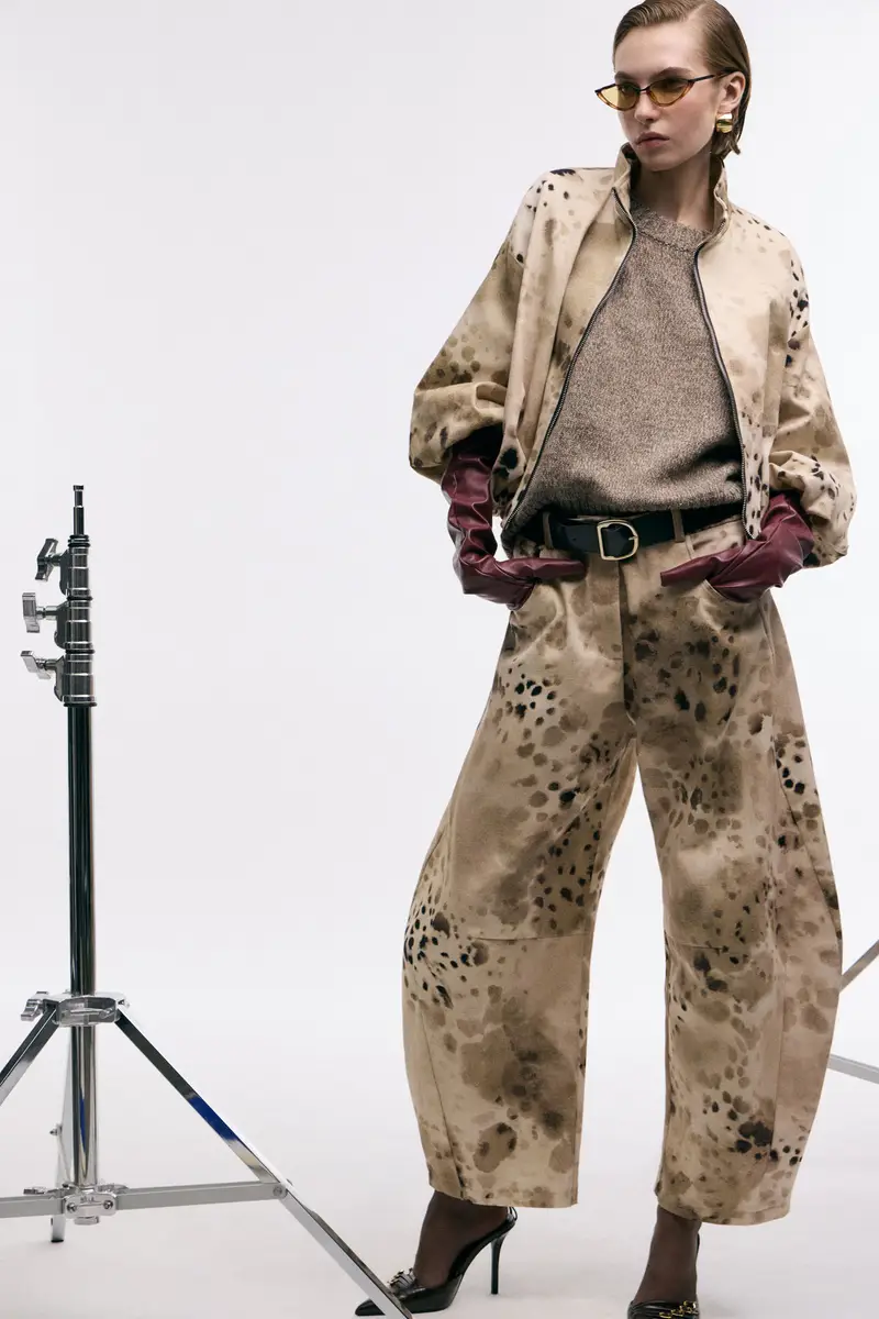 Pantaloni palazzo stampa astratta cintura inclusa Beige miniatura 2