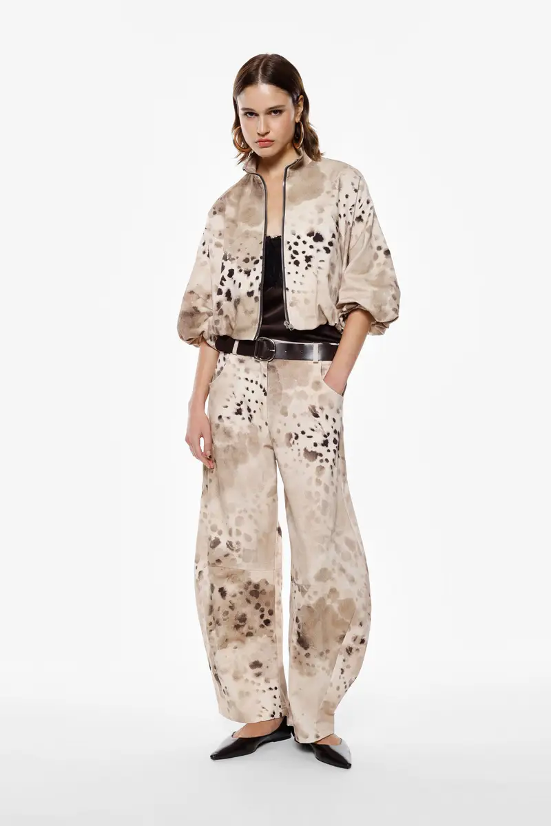 Pantaloni palazzo stampa astratta cintura inclusa Beige miniatura 3