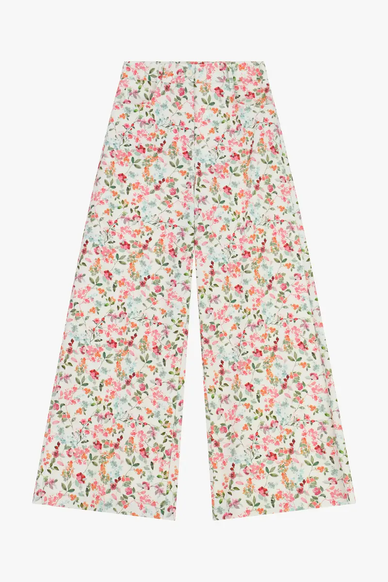 Pantaloni palazzo stampa floreale vita alta Panna