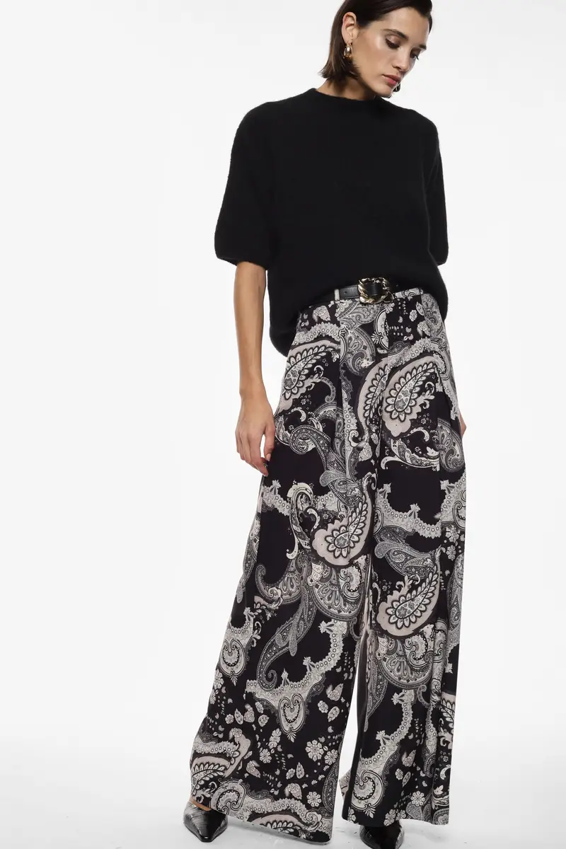 Pantaloni palazzo stampa paisley cintura decorativa Nero miniatura 2