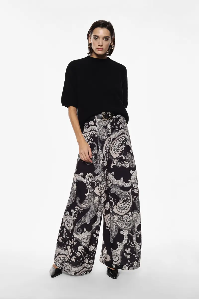 Pantaloni palazzo stampa paisley cintura decorativa Nero miniatura 3