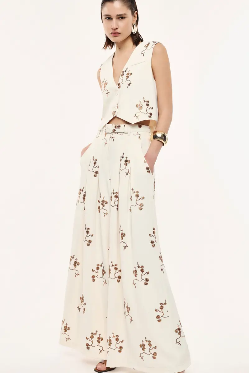 Pantaloni palazzo stampati vita alta con cintura Panna miniatura 2