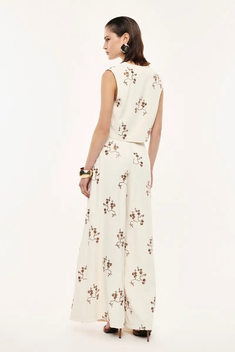 Pantaloni palazzo stampati vita alta con cintura Panna miniatura 3