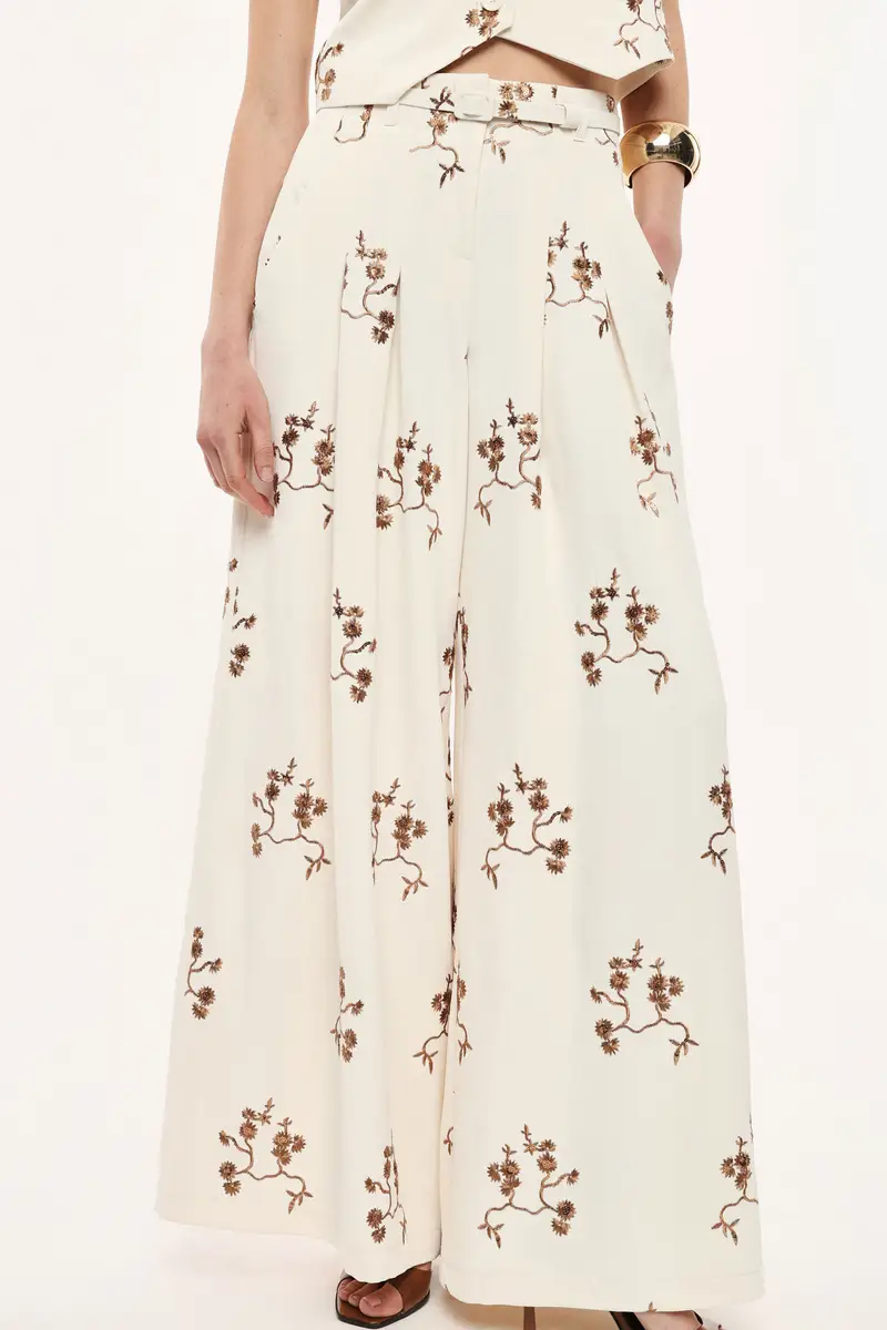 Pantaloni palazzo stampati vita alta con cintura Panna miniatura 4