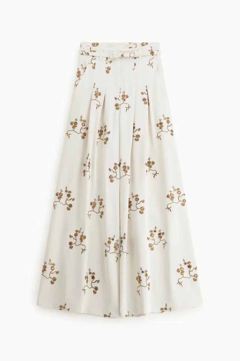 Pantaloni palazzo stampati vita alta con cintura Panna