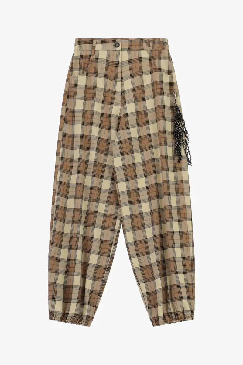 Pantaloni palazzo tartan vita alta con dettaglio frange Beige