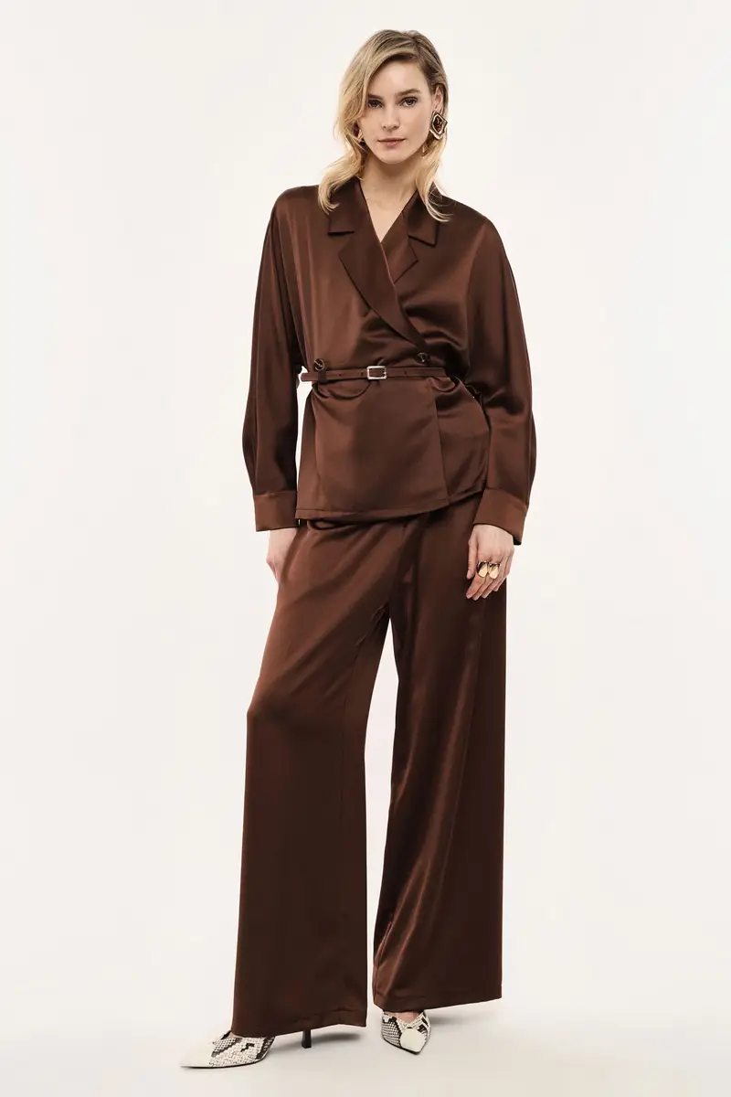 Pantaloni palazzo vestibilità ampia vita media Cacao miniatura 2