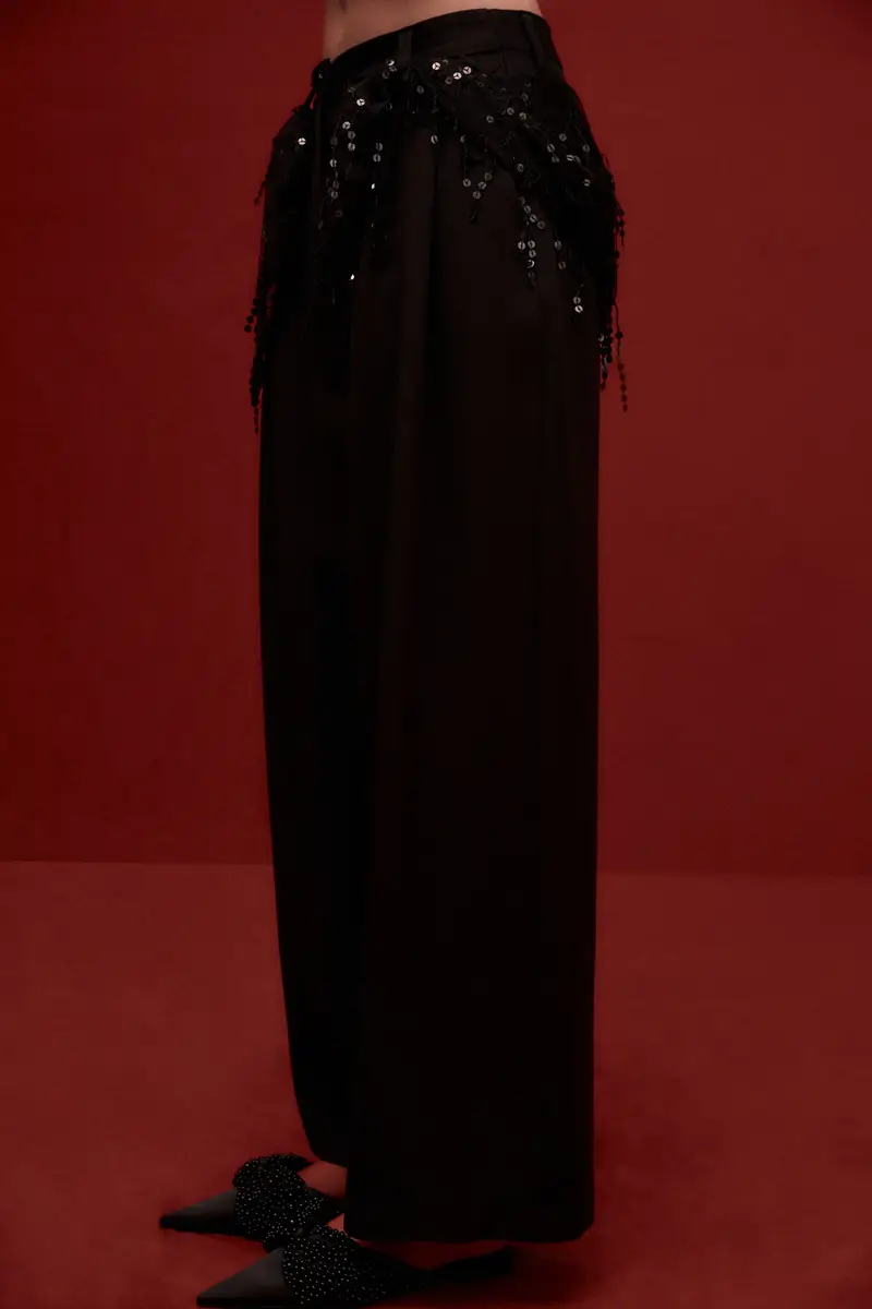 Pantaloni palazzo vita alta con applicazioni Nero miniatura 3