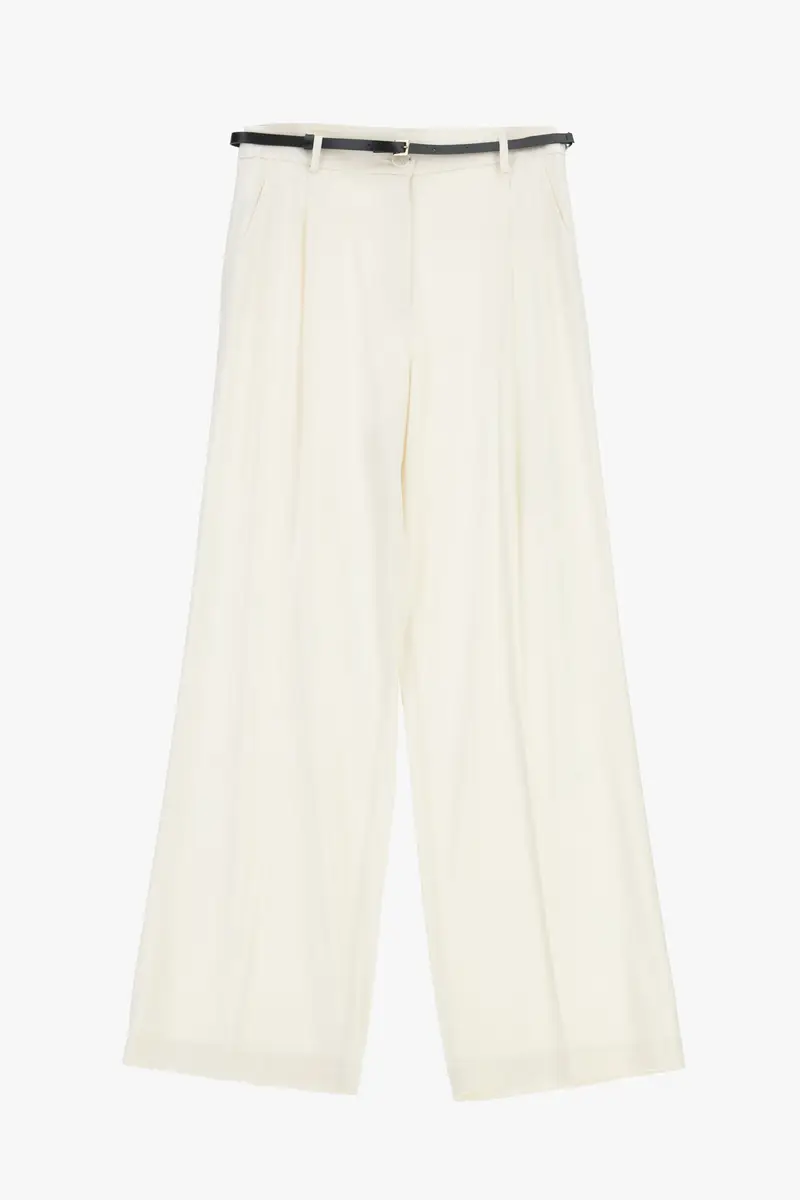 Pantaloni palazzo vita alta con cintura e pinces Burro