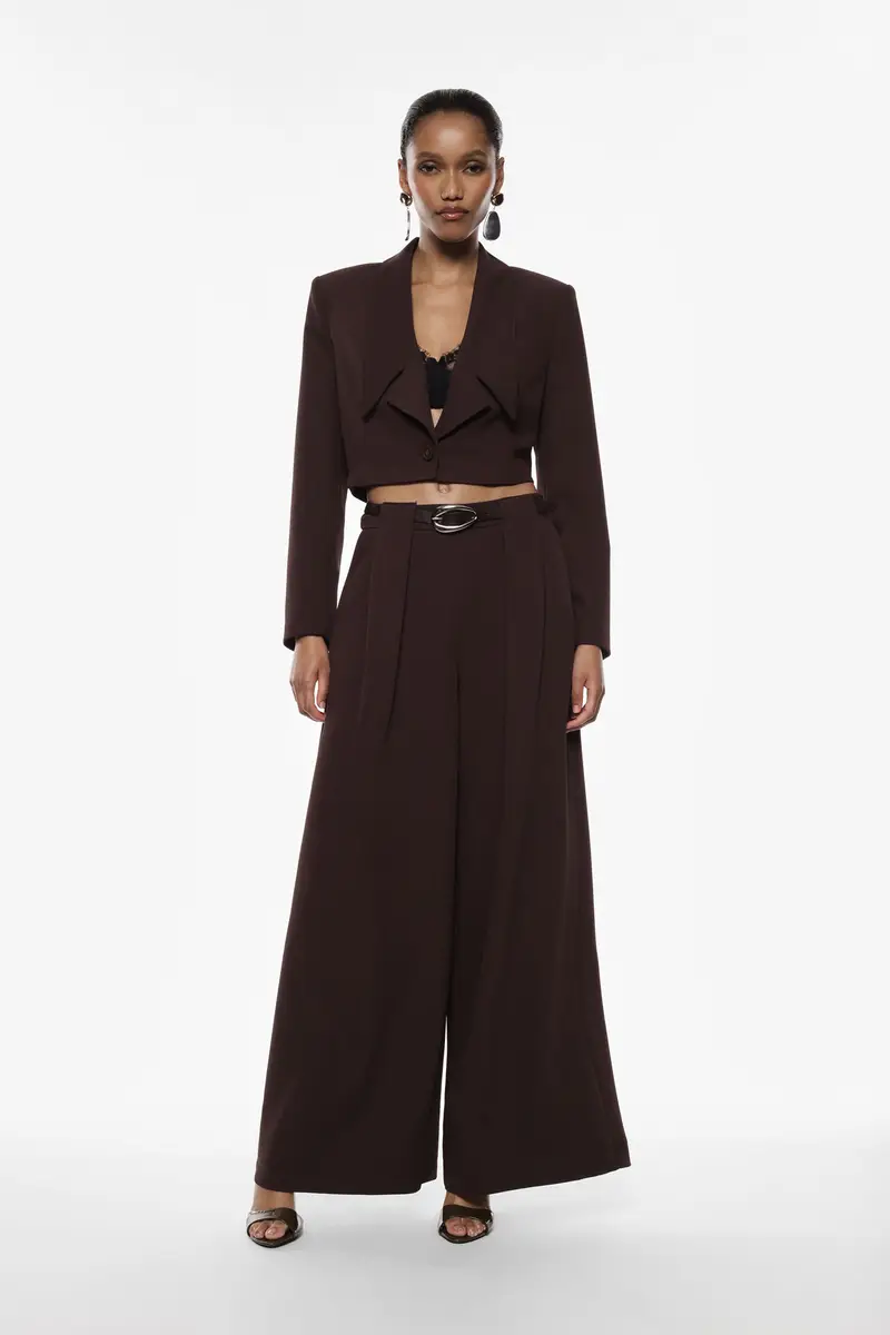 Pantaloni palazzo vita alta con cintura e pinces Moro miniatura 3