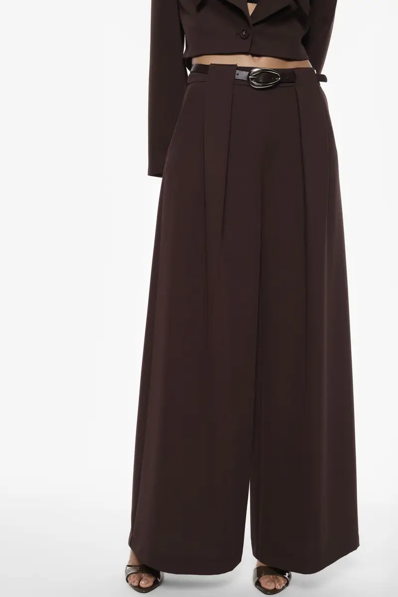 Pantaloni palazzo vita alta con cintura e pinces Moro miniatura 4