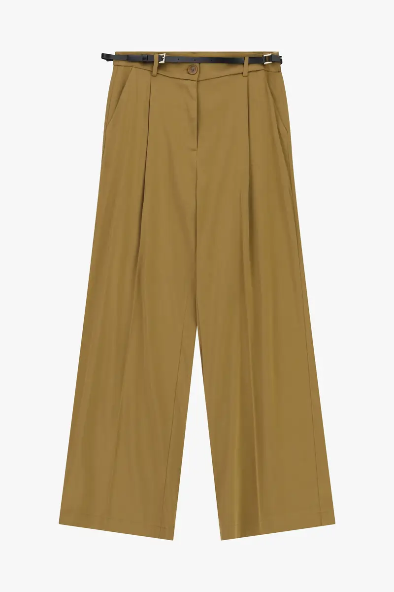 Pantaloni palazzo vita alta con cintura e pinces Olio