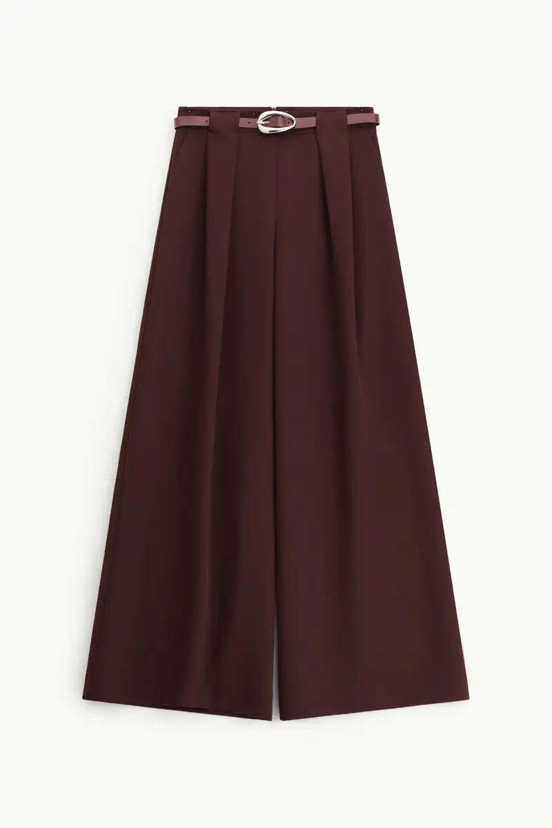 Pantaloni palazzo vita alta con cintura e pinces Vino