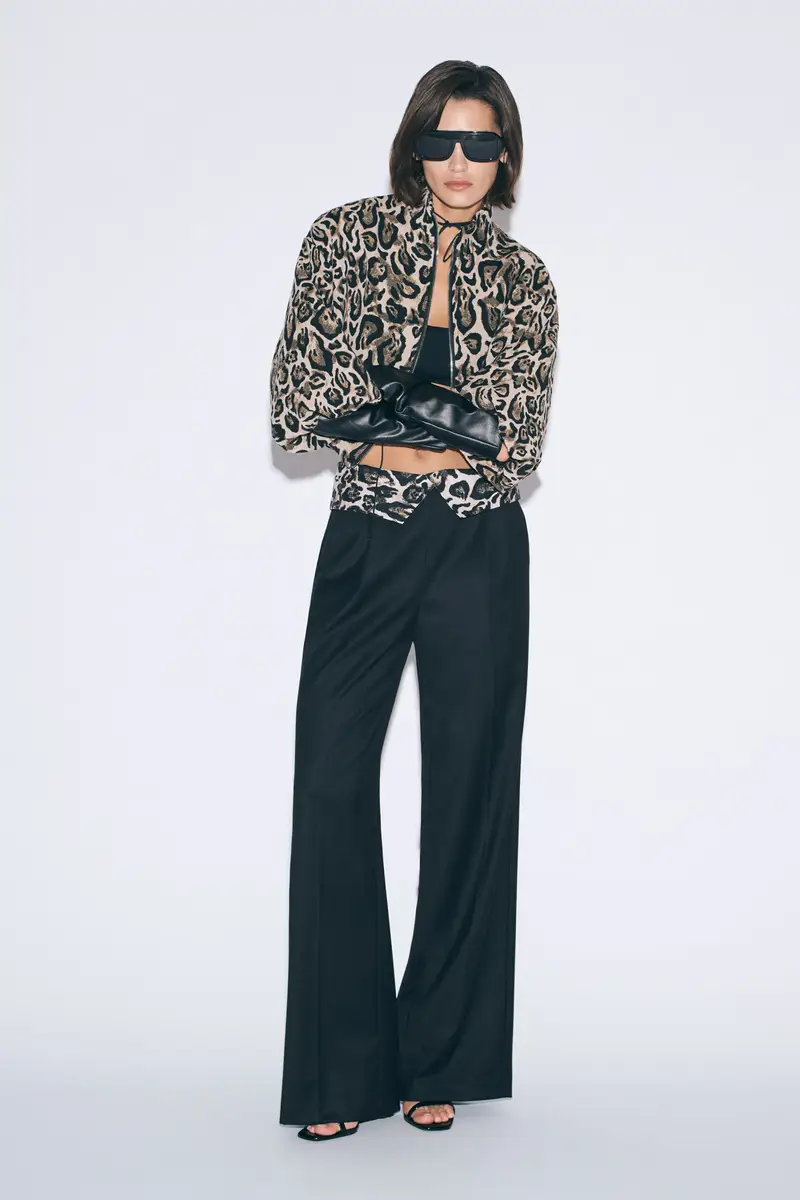 Pantaloni palazzo vita alta con dettaglio animalier Nero miniatura 2