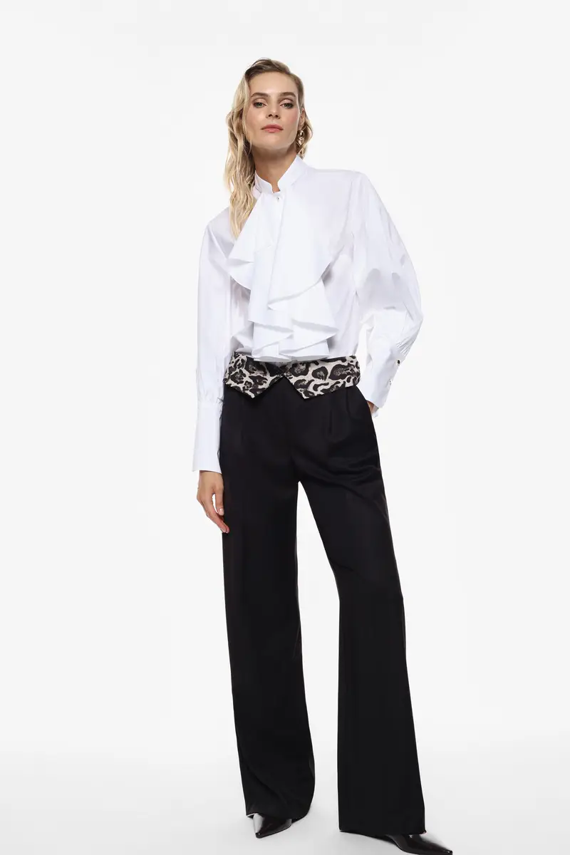 Pantaloni palazzo vita alta con dettaglio animalier Nero miniatura 3