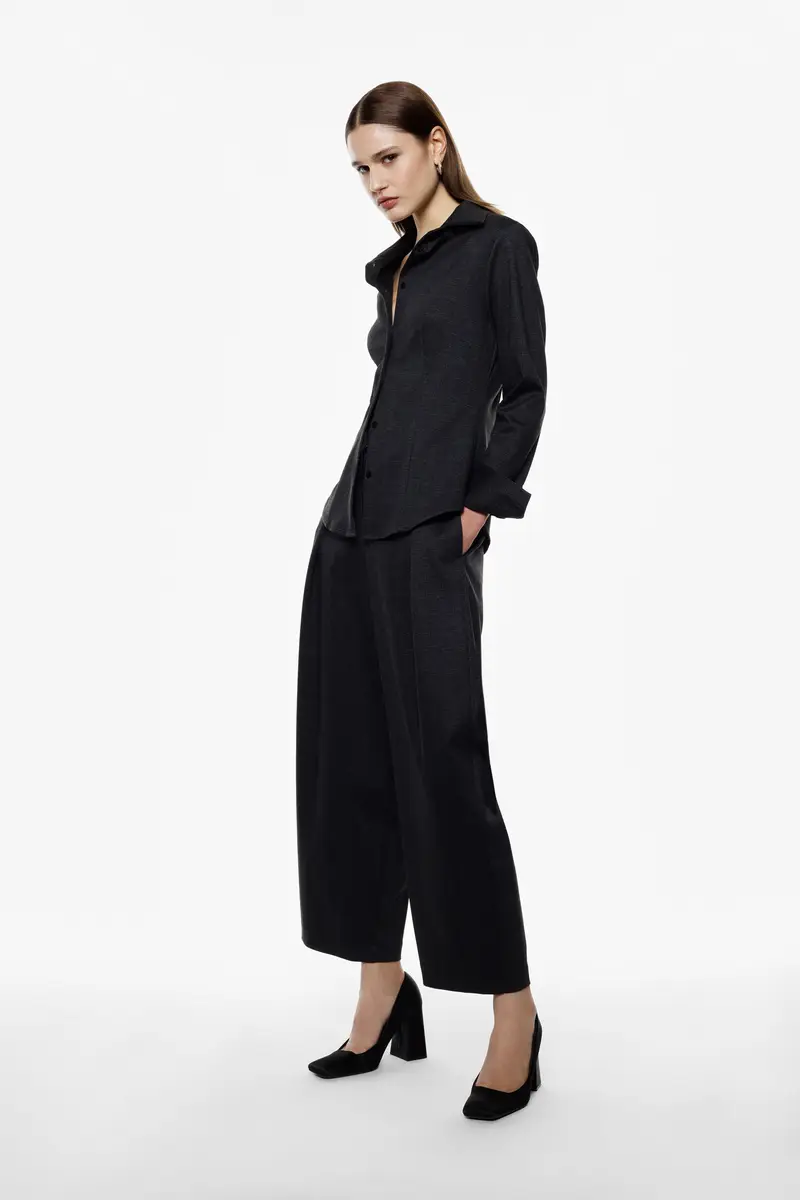 Pantaloni palazzo vita alta con dettaglio pizzo Nero miniatura 2