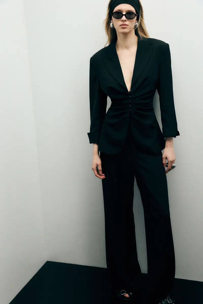 Pantaloni palazzo vita alta con dettaglio trasparente Nero