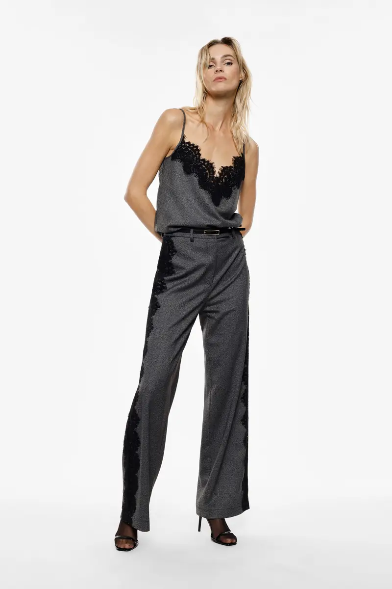 Pantaloni palazzo vita alta con inserti laterali in pizzo Grigio miniatura 2