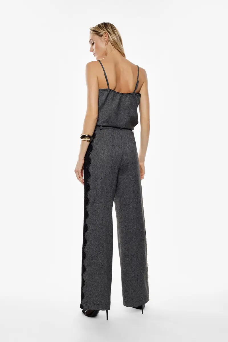 Pantaloni palazzo vita alta con inserti laterali in pizzo Grigio miniatura 3