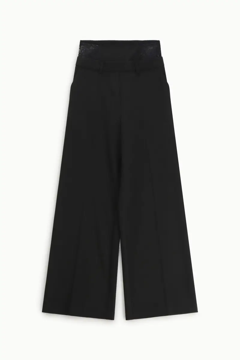 Pantaloni palazzo vita alta con inserto in pizzo Nero
