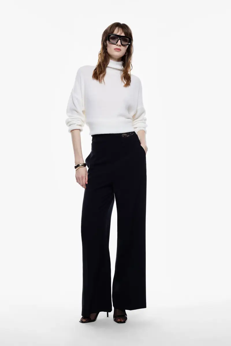 Pantaloni palazzo vita alta con inserto pizzo Nero miniatura 2